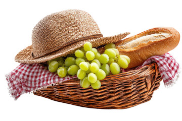 Picnic basket with grapes, bread, and straw hat