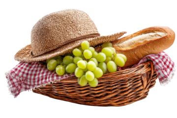 Picnic basket with grapes, bread, and straw hat
