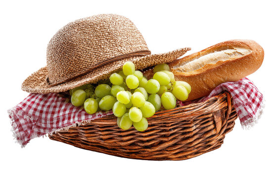 Picnic basket with grapes, bread, and straw hat