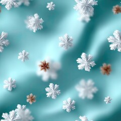 White snowflakes of varying sizes float gently against a serene blue backdrop, evoking a tranquil winter vibe SEAMLESS PATTERN