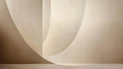 Abstract geometric interior space with curved organic shapes in neutral tones, smooth beige surfaces,