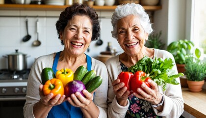 Two senior Hispanic women smile while holding fresh vegetables in a bright kitchen. They display colorful peppers, cucumbers, and tomatoes, promoting healthy eating.