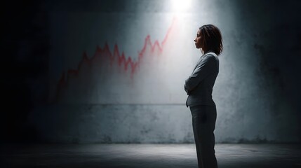 A focused businesswoman stands with arms crossed observing a volatile red line graph projected onto a dimly lit concrete wall under a dramatic