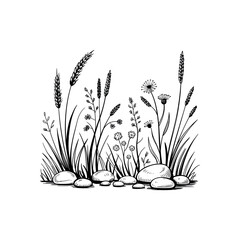 Black and white sketch of wild grass and pebbles on white background drawing illustration
