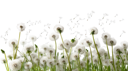 A field of white dandelions with seeds blowing in the wind