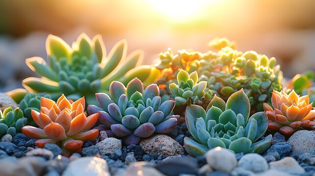 Close-up various succulents on pebbles warm golden sunlight and blurred background