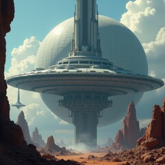 Obraz premium Futuristic Orbital City on Alien Planet with Starships and Domes
