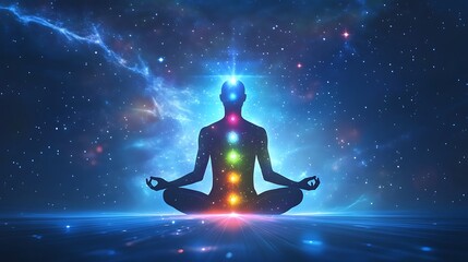 Meditating silhouette with chakra energy centers against a spectacular cosmic background