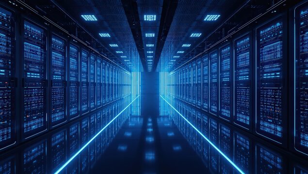 A futuristic server room with glowing blue neon lights, creating a hightech atmosphere for data processing and storage, showcasing advanced technology - Powered by Adobe