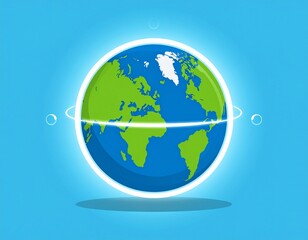 Stylized illustration of planet Earth with orbiting rings on a blue background, representing global connection, technology, and communication
