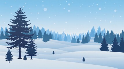 Fototapeta premium Serene winter landscape with snow covered hills and evergreen trees in blue
