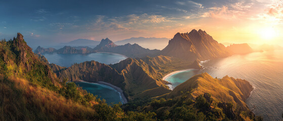 Panoramic view of Komodo Island at sunset
