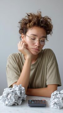 Stressed female professional with curly hair calculating household budget, expressing financial pressure while working at cluttered desk with calculator and scattered documents