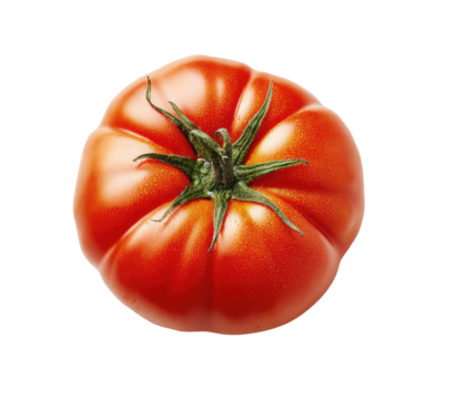Close-up of a ripe, round tomato.  Deep red skin with subtle variations in tone, showing a ribbed texture.  Green stem in the center.  Isolated against a black background