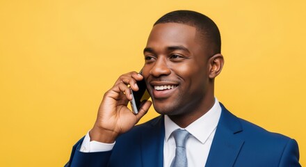 Successful african american businessman smiles during mobile phone discussion