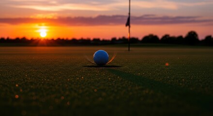 Golden Sunset Over Green Golf Course with Ball Approaching Hole