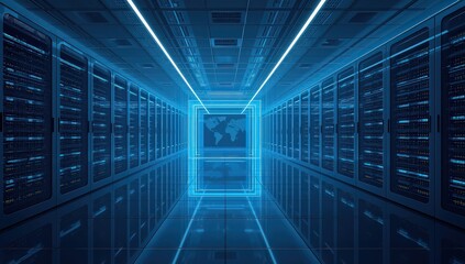 Illuminated server room with rows of rack servers for data storage and processing, showcasing the core of modern technology and digital infrastructure