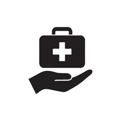 Fototapeta premium First aid kit icon in hand with red cross medical box illustration