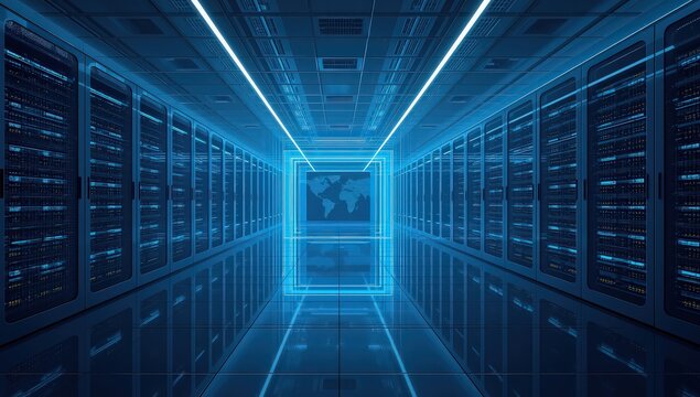 Illuminated server room with rows of rack servers for data storage and processing, showcasing the core of modern technology and digital infrastructure