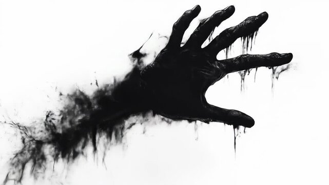 Abstract hand covered in flowing dark paint against white background