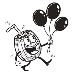 Fototapeta premium Cartoon coconut drink character running with balloons in black and white vector illustration style image vector illustration