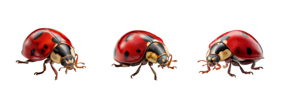 Ladybug on white background with shiny red shell and black spots isolated on white background