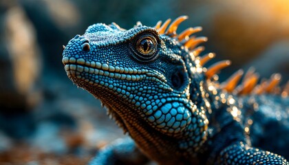 Fototapeta premium Detailed Blue Lizard with Orange Spikes Looking Up in Nature