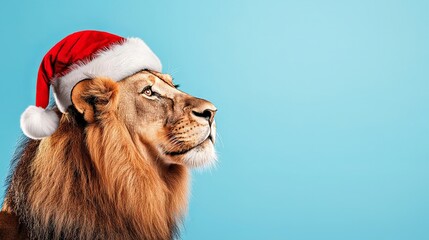 Portrait of a lion Santa Claus in a hat