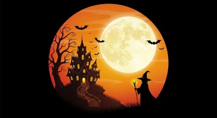 Spooky haunted house with a witch and bats under a full moon on halloween night