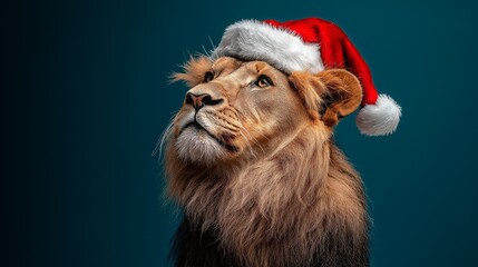 Portrait of a lion Santa Claus in a hat