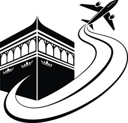 Vector art of black and white illustration of kaaba with airplane and travel path