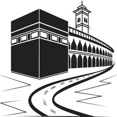 Vector art of stylized illustration of kaaba and building with road, representing islamic travel