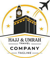 Vector art of hajj and umrah travel company logo with kaaba, airplane, and clock tower