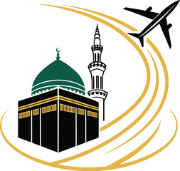 Vector art of islamic pilgrimage to mecca with an airplane