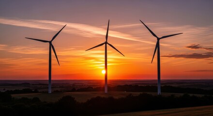 Obraz premium Majestic Wind Turbines Silhouetted Against a Golden Sunset Sky Over Rolling Hills