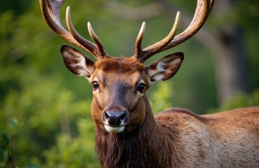 Close-up of a majestic stag with large antlers in a lush green forest setting