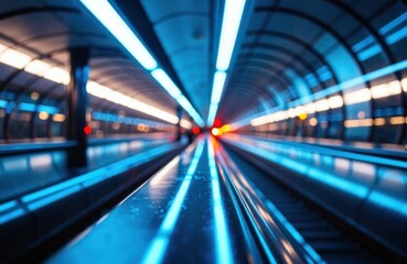 Fototapeta premium Futuristic subway tunnel illuminated with vibrant blue and orange lights creating a sense of motion