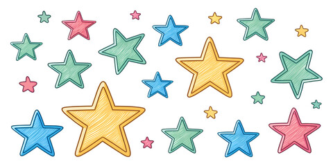 Obraz premium Vector crayon-drawn star symbols and asterisks isolated on white background