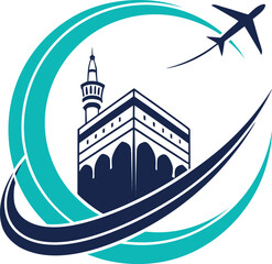 Vector art of islamic pilgrimage travel logo with kaaba, mosque, airplane and swoosh design