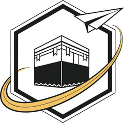 Vector art of paper airplane flying around the kaaba within a hexagon