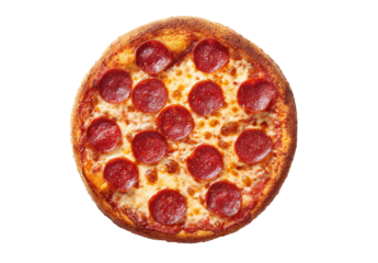 Overhead view of a pepperoni pizza.  Round, crispy crust, topped with melted mozzarella cheese and numerous slices of pepperoni.  Pizza is centered and well-lit, against a black background