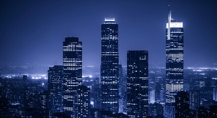Obraz premium Night cityscape with illuminated skyscrapers in a modern city, showcasing urban architecture and a vibrant downtown skyline at twilight