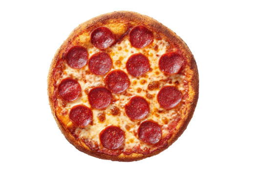 Overhead view of a pepperoni pizza.  Round, crispy crust, topped with melted mozzarella cheese and numerous slices of pepperoni.  Pizza is centered and well-lit, against a black background