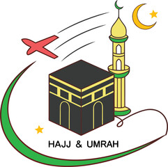Vector art of hajj and umrah concept with kaba, mosque, airplane and crescent moon