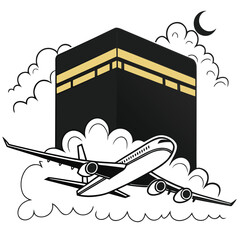 Vector art of airplane flying towards kaba with clouds