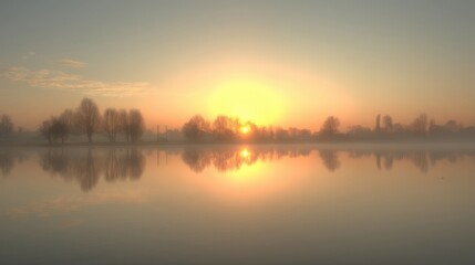 Fototapeta premium Serene sunrise or sunset with a bright sun near the horizon, calm water reflecting vivid colors, silhouetted trees,