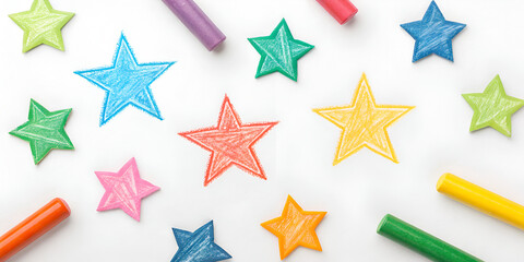 Obraz premium Various crayon doodle stars and asterisks in playful abstract style isolated on white