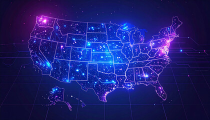 Fototapeta premium Futuristic USA Map Glowing with Neon Blue and Purple Lights Showing Digital Technology Network and Circuit Connections on Dark Grid Background for Innovation, Data, and Cyber Technology Concept