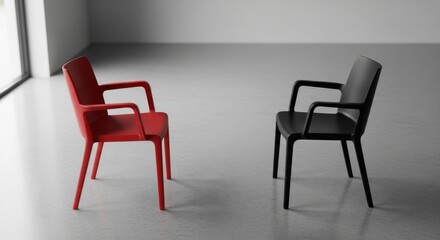 Fototapeta premium Two Modern Armchairs Red and Black in a Bright Empty Room