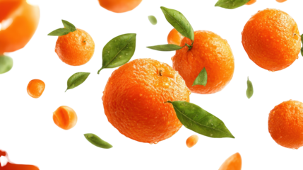Oranges and apricots in mid-air, with leaves